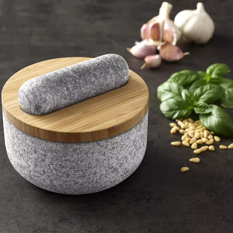 Mortar Pestle Granite - Bamboo cover granite pestle, stone mortar,